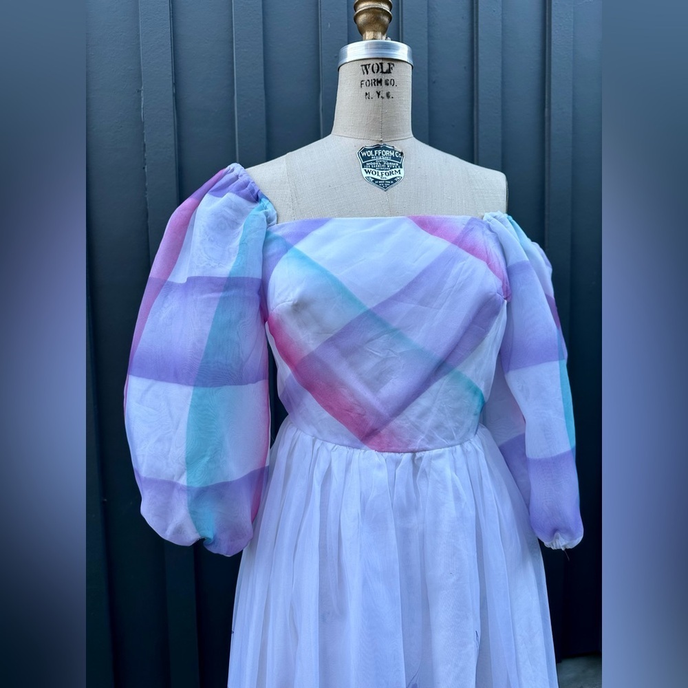 Vintage 1970s 1980s Watercolor Puff Sleeve Dress- size S - Picture 3 of 8
